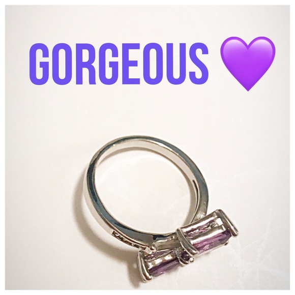 Simulated Amethyst & CZ Baguette 925 Silver Ring - Picture 6 of 10